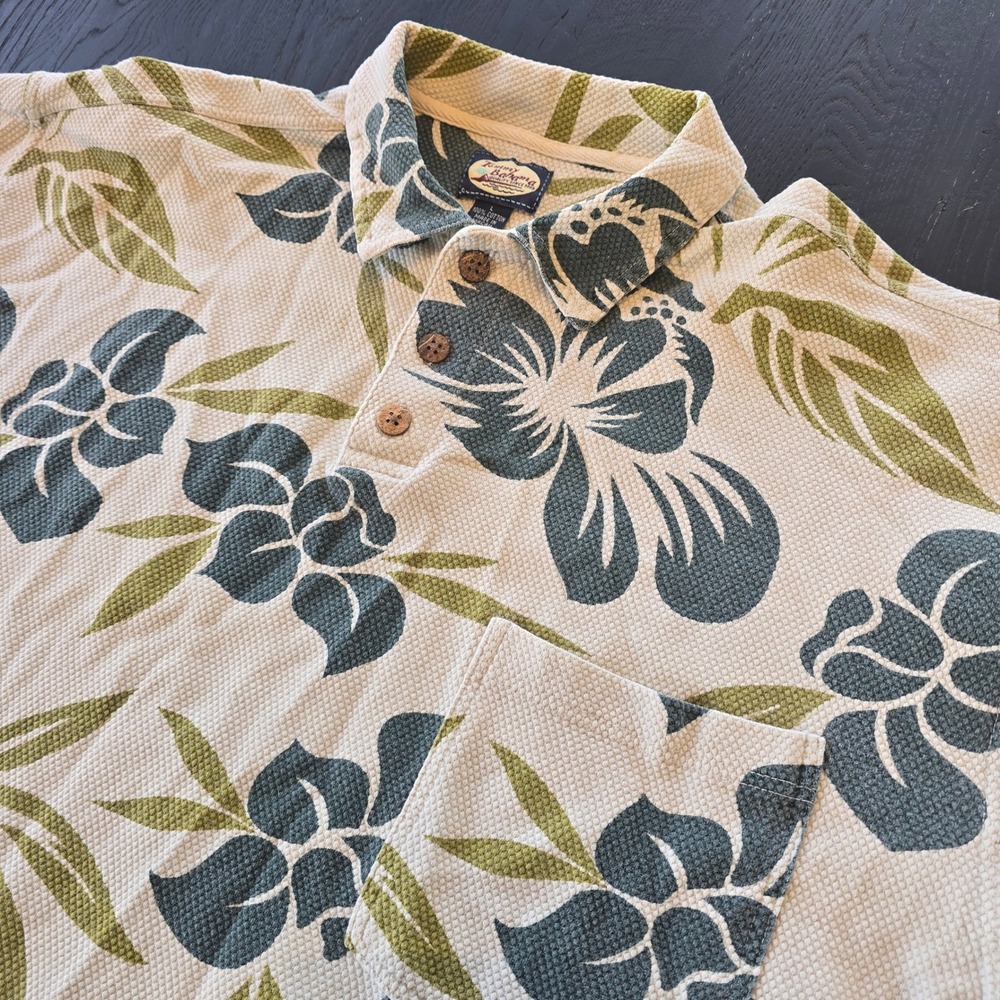 Tommy Bahama Mens Large Floral Waffle Knit Polo Shirt Hibiscus Cotton Beige